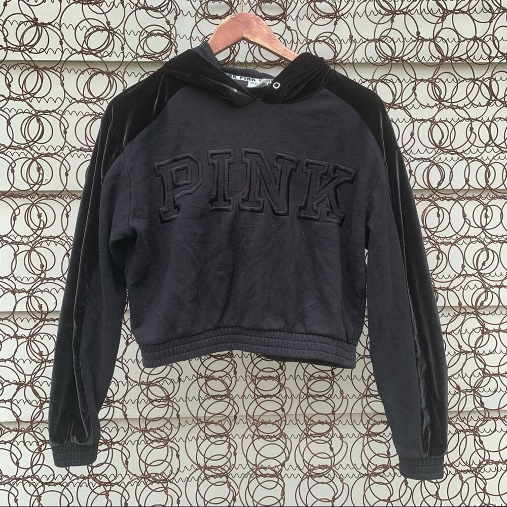 Y2K VS Pink black velvet cropped hooded sweatshirt XS